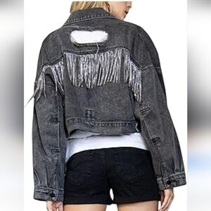 Women's Crop Jean Jackets BOHO Button Down Ripped Denim Jacket with Rhinestone